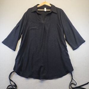 Top Notch Black Ruched Tunic Top XXL Crinkle Knit 3/4 Sleeve Blouse Minimalist